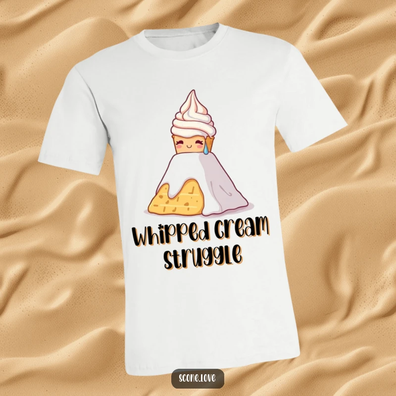 Funny t-shirt depicting a scone with sweat drops, attempting to climb a whipped cream mountain, symbolizing effort.