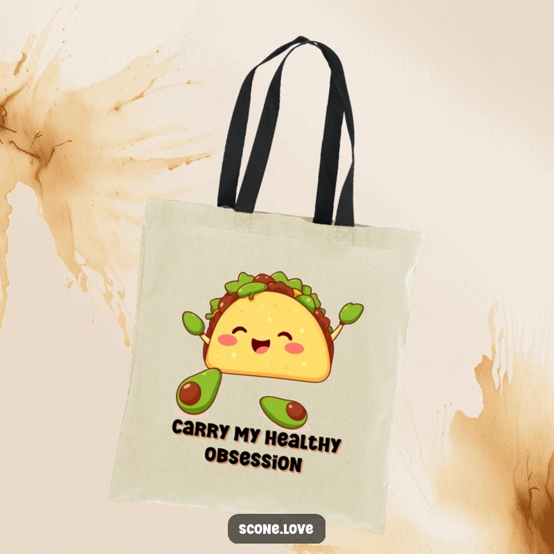 Funny tote bag with a happy taco juggling tiny avocados with its shell, a stylish and humorous accessory for food lovers.