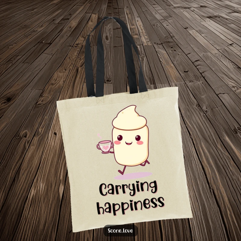 Funny Kawaii Scone Tote Bag: a happy scone skips with a teacup, perfect for a funny tea-themed gift.
