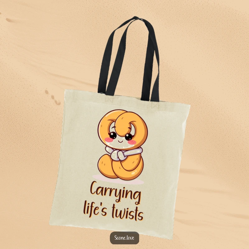Funny tote bag illustration of a pretzel focused on tying its own knot, representing resourcefulness and a love for snacks.