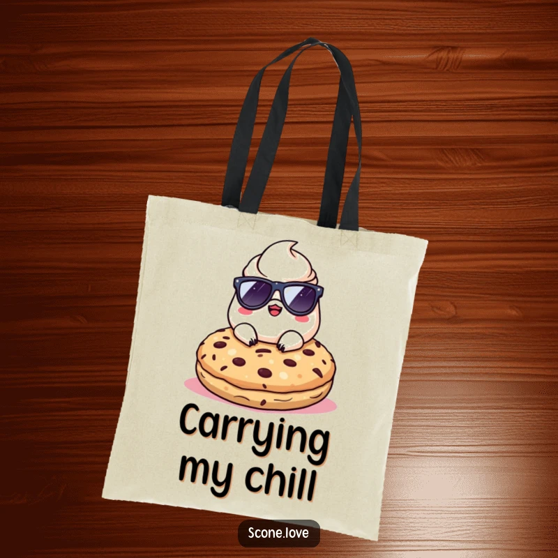 Funny Kawaii Scone wearing cool sunglasses, chilling on a giant cookie, on a versatile tote bag.