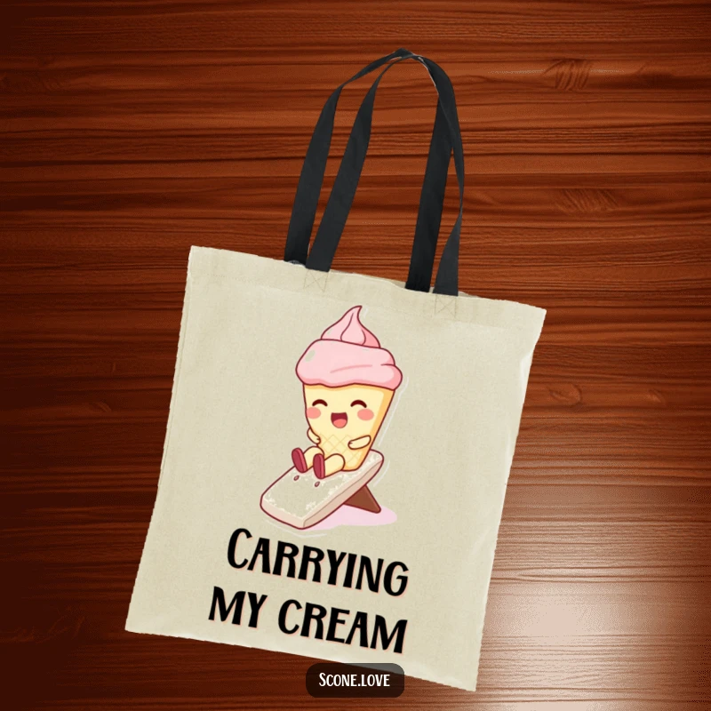 Funny tote bag with a kawaii scone character joyfully sliding down a whipped cream slide, perfect for carrying essentials with humor.