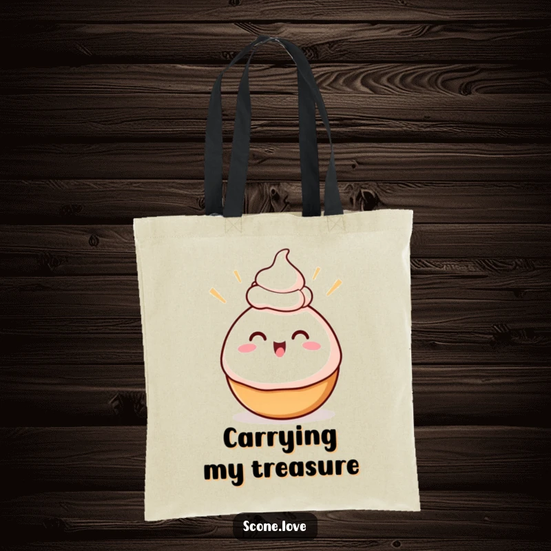 Funny Swirly Baked Good Tote Bag, showing excited swirls balancing cream on its head, perfect for carrying sweet essentials and smiles.