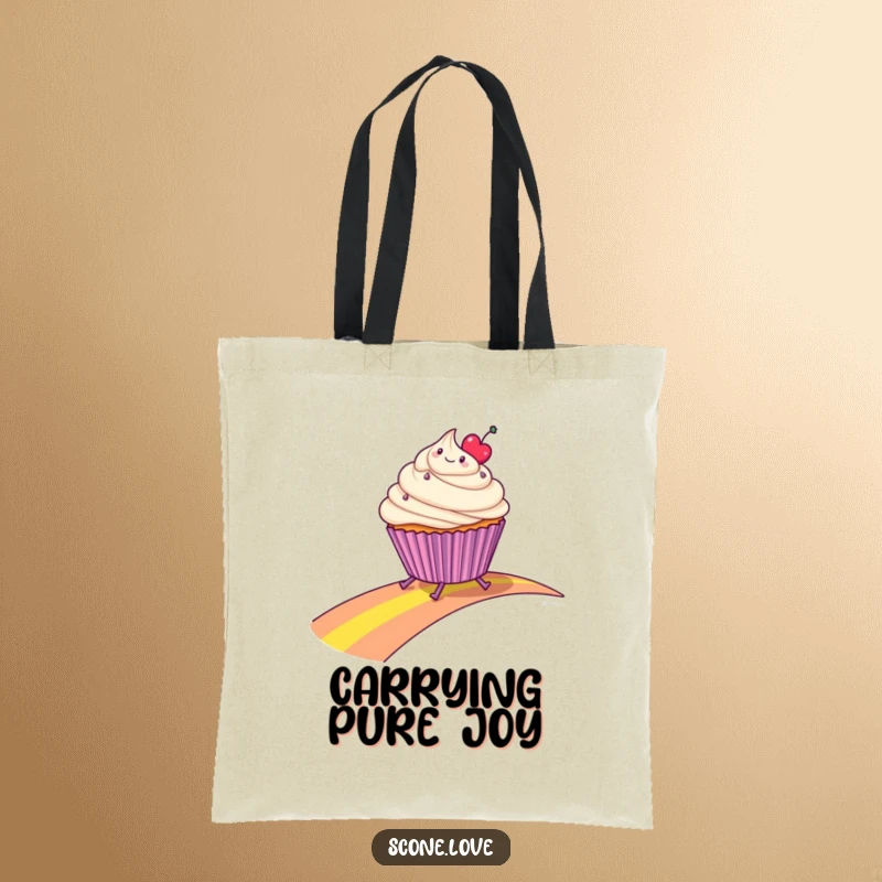 Funny tote bag with a cute cupcake with tiny legs sliding down a rainbow, ideal for stylish and humorous errands.