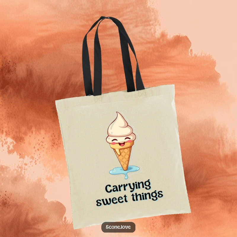Funny tote bag design with a happy, slightly melting ice cream cone, perfect for carrying essentials with a touch of sweet joy.