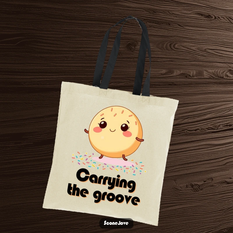 Funny Donut Tote Bag, showing a smiling baked good with tiny legs happily dancing on sprinkles, perfect for carrying joy and essentials.