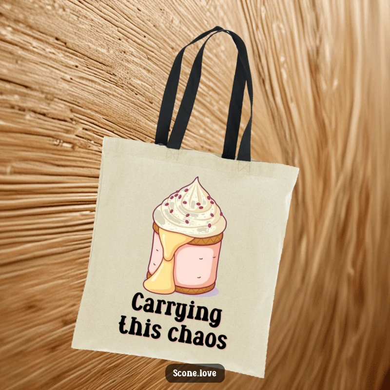 Funny tote bag featuring a scone in a dramatic slide down a butter pat, perfect for carrying groceries with laughs.