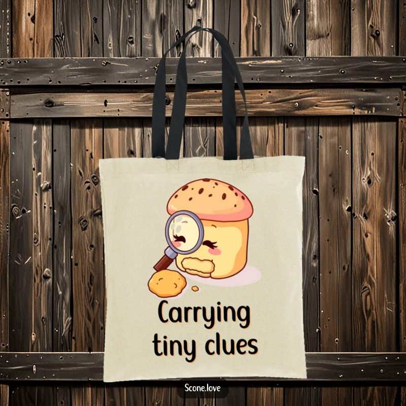 Funny scone tote bag depicting a scone using a magnifying glass to scrutinize a crumb, ideal for carrying groceries with a side of giggles.