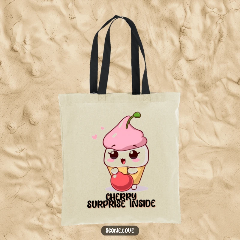 Funny Scone Surprise Tote Bag: A scone character displays surprise as a cherry pops playfully, adding humorous charm to this tote.