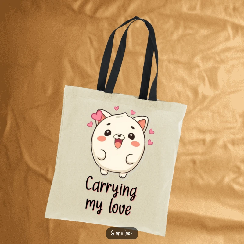 Funny Beaming Scone Tote Bag: A scone character beams with hearts floating around, adding sweet and humorous charm to this tote.
