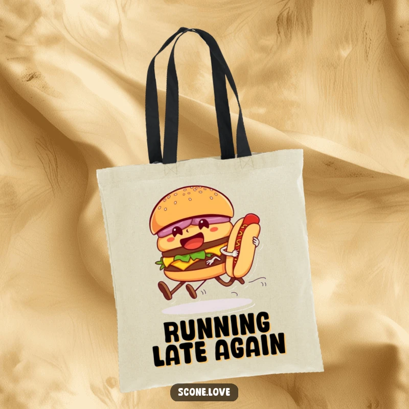 Funny tote bag showcasing a hamburger and hot dog in a determined foot race, a lighthearted design for everyday essentials.