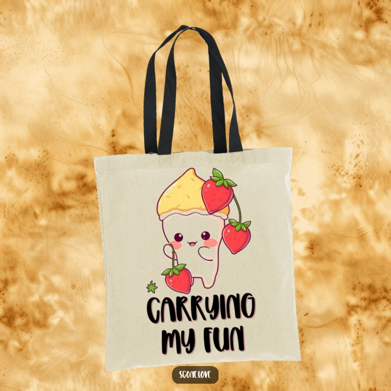 Funny kawaii scone character actively batting at a dangling strawberry, printed on a durable and stylish tote bag.