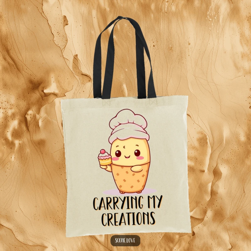 Funny Kawaii Scone Chef Tote Bag: A scone wearing a chef hat presents a tiny cake, ready for grocery runs.