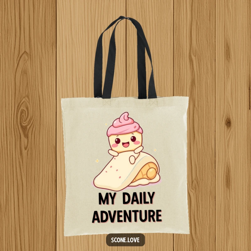 Funny Kawaii Scone with a wide smile, gleefully sliding down a frosting slide on a versatile tote bag.