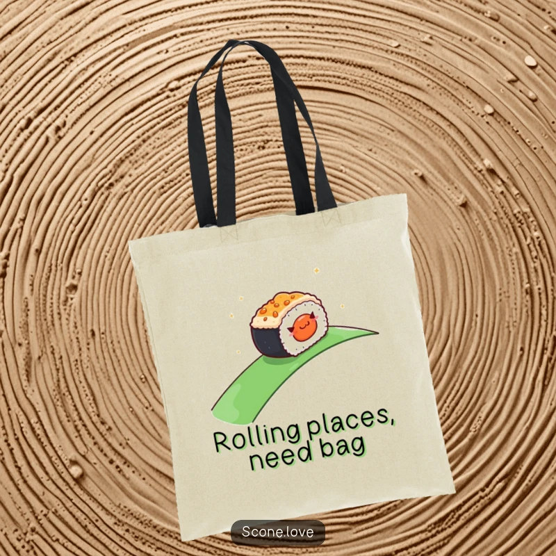 Funny Tote Bag: A smiling sushi piece rolling downhill, ready to carry your essentials with a smooth sense of style.