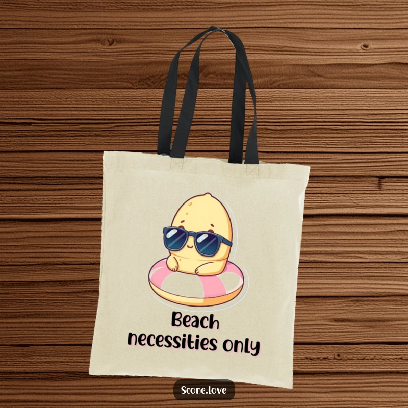 A funny scone in sunglasses, relaxing on a small beach float, featured on a practical and stylish tote bag.