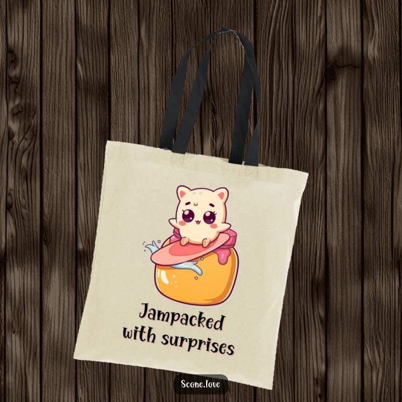 Funny scone character accidentally surfs a giant jam jar, a comical scene featured on this tote bag.