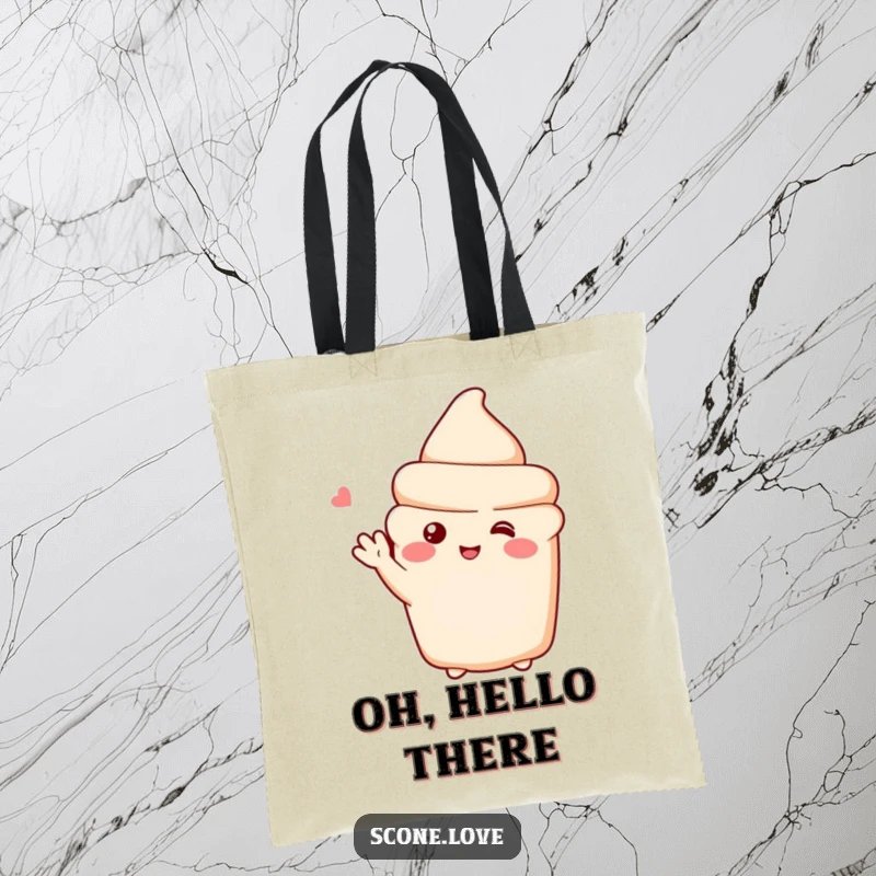 Funny tote bag featuring a shy scone character blushing and waving, perfect for carrying essentials with charm.
