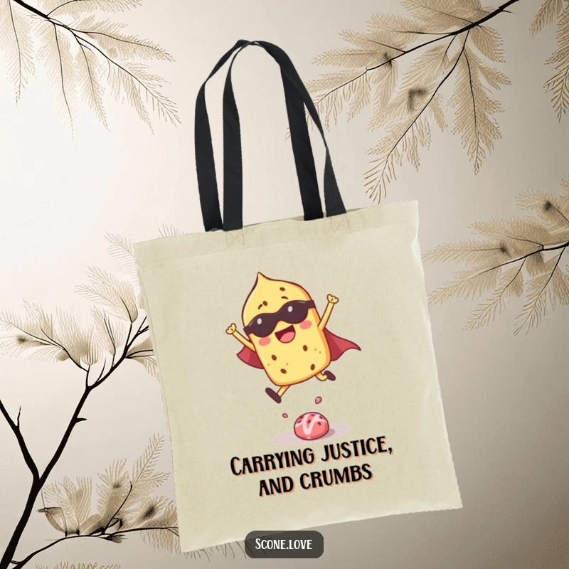 Funny tote bag with a superhero scone mid-leap, ready for adventures and carrying goodies with style.