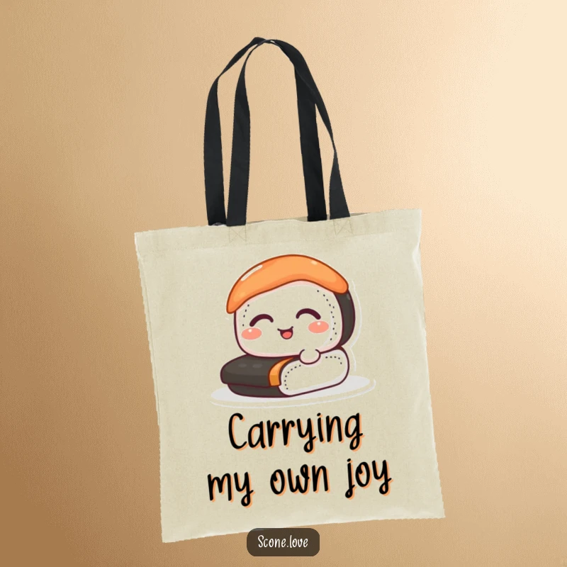 Funny sushi tote bag illustrating a happy sushi roll mid-action, perfect for shopping and carrying daily essentials.