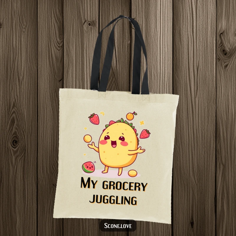 Funny taco tote bag featuring a playful taco juggling fruits, perfect for shopping and carrying daily essentials.