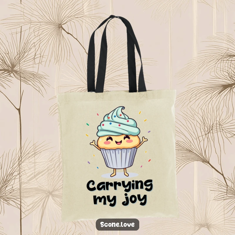 Funny tote bag displays a smiling cupcake executing a playful dance with a shower of colorful sprinkles, a delightful accessory.