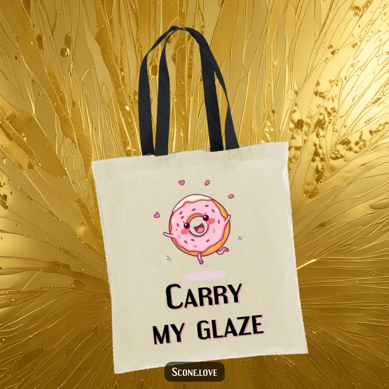 Funny tote bag shows a cheerful donut doing a cartwheel with frosting flying, a humorous and energetic accessory for daily use.