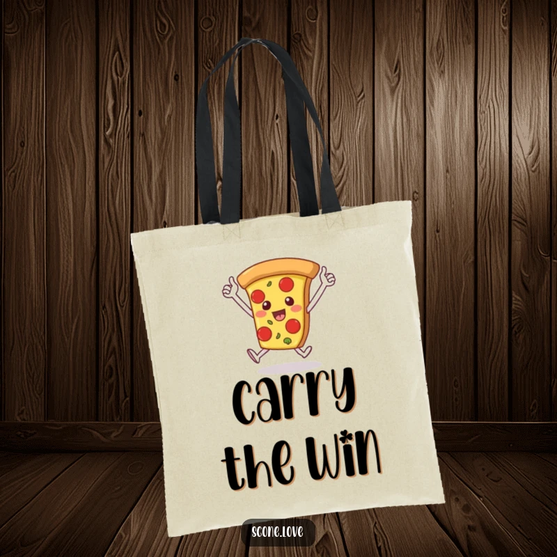 Funny tote bag shows a pizza slice with arms raised, running a victory lap, a humorous and functional accessory for foodies.