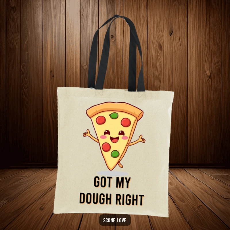 Funny tote bag featuring a happy pizza slice dancing triumphantly with its crust, a stylish and humorous accessory.