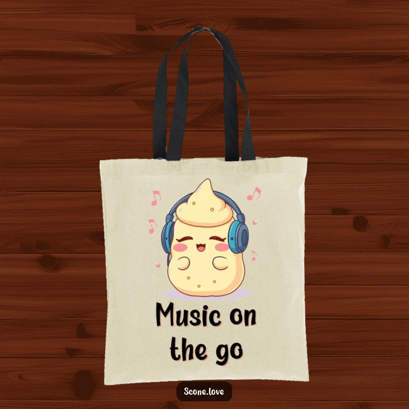 Funny tote bag with a scone wearing headphones, grooving to music, perfect for carrying all your gear.