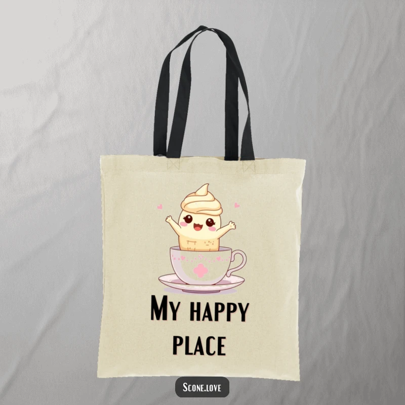 Funny Kawaii Scone Teacup Tote Bag: A scone leaps with pure delight into a teacup, a charming accessory.
