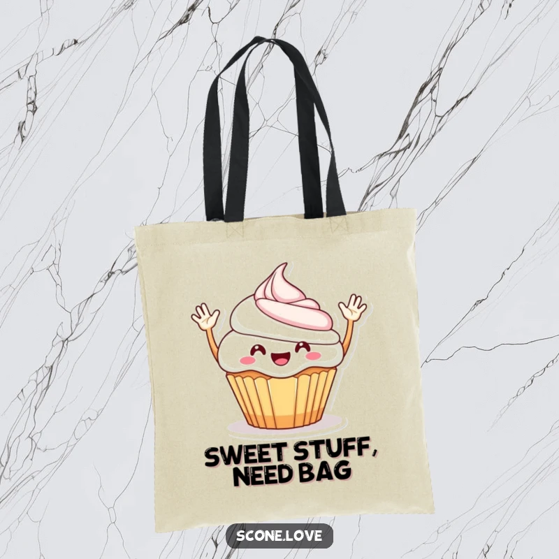 Funny Tote Bag: A smiling cupcake with waving arms, ready to carry your essentials with a dose of sugary delight.
